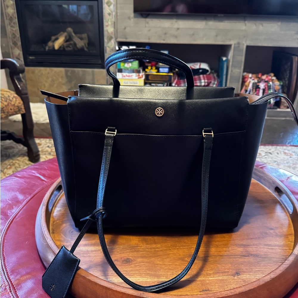 Tory Burch Black Leather Tote business, computer, travel